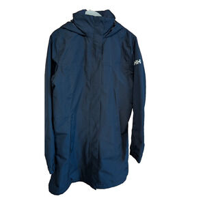Helly Hansen Aden Waterproof Breathable Hooded Long Rain Jacket LARGE Navy